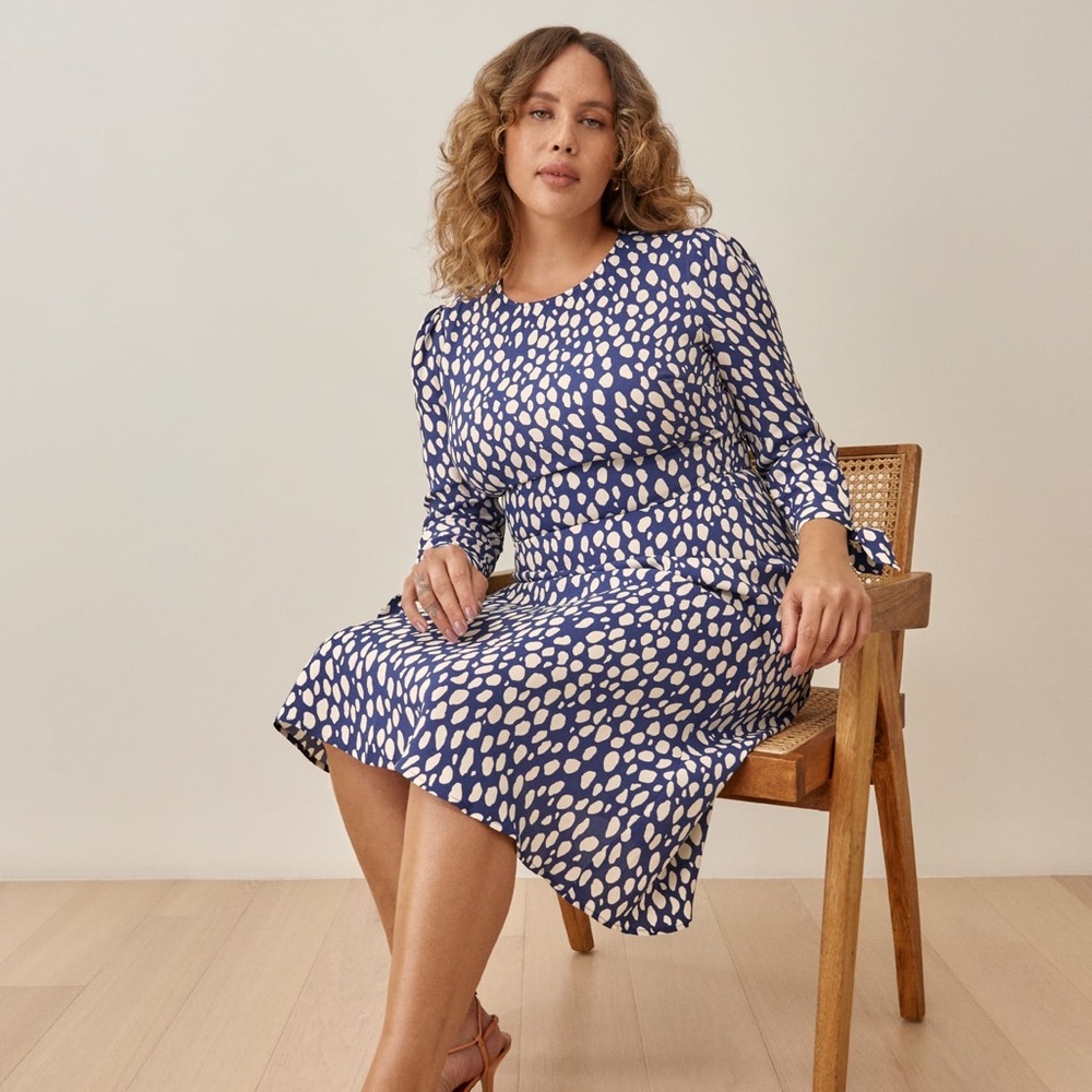 Reformation Port Long Sleeve Midi Dress, Blue with Splotch Dot Print, Sz 2